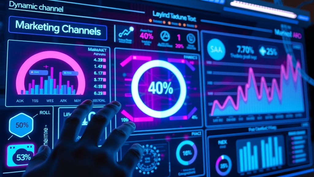 Digital dashboard illustrating various marketing channels including SEO, SEM, and social media, representing the analytics of digital marketing