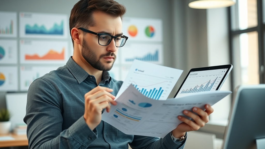 Marketer comparing digital and traditional marketing data on paper and tablet in a modern office for a clear side-by-side analysis