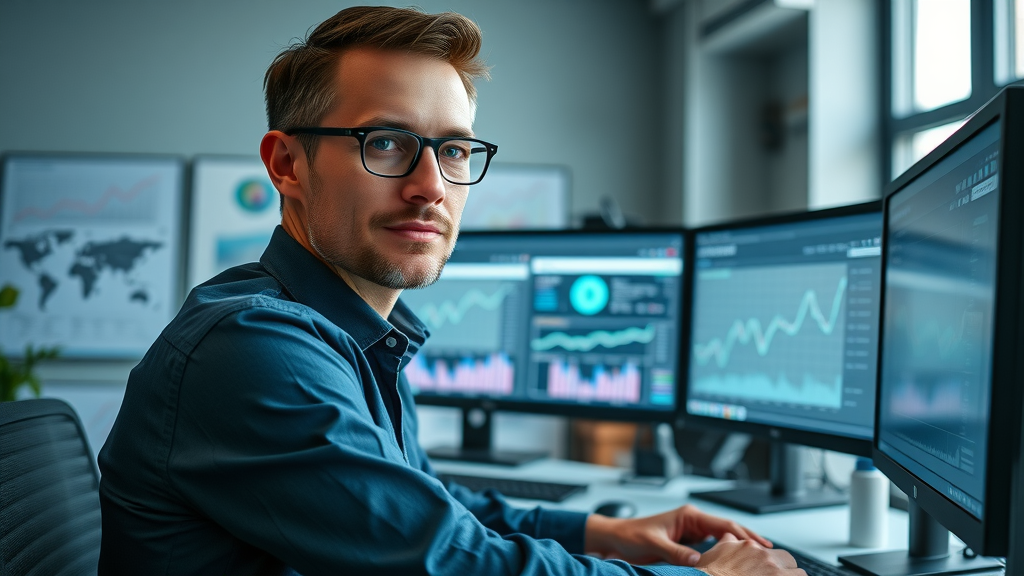 Digital marketer monitoring campaign analytics and live marketing dashboards at a dual-monitor tech workstation