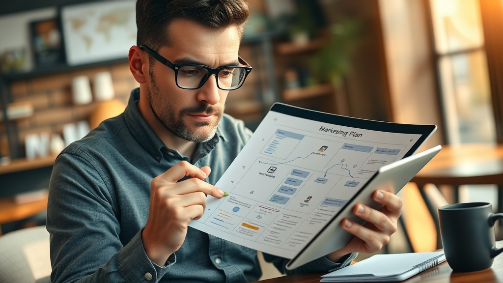 Entrepreneur formulating a digital marketing plan on a digital tablet in a cozy coffee shop setting