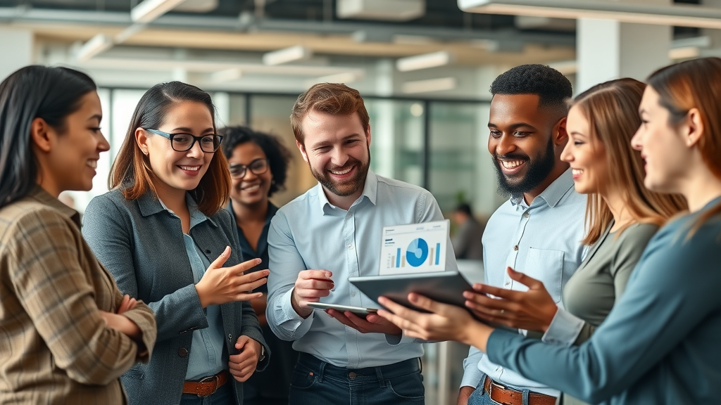 Diverse group of marketing professionals discussing salary data in an open office, reviewing industry compensation trends