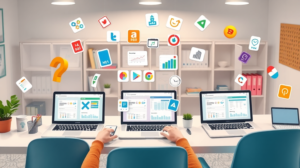Creative workspace showcasing digital marketing tools—Google Analytics, Hootsuite, and Canva—helping marketers organize and optimize campaigns