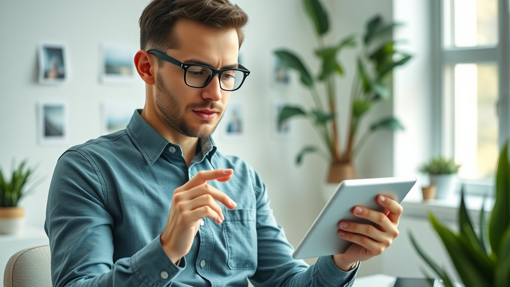 Professional reviewing personalized email campaigns on a tablet, focusing on email marketing strategy in a modern workspace