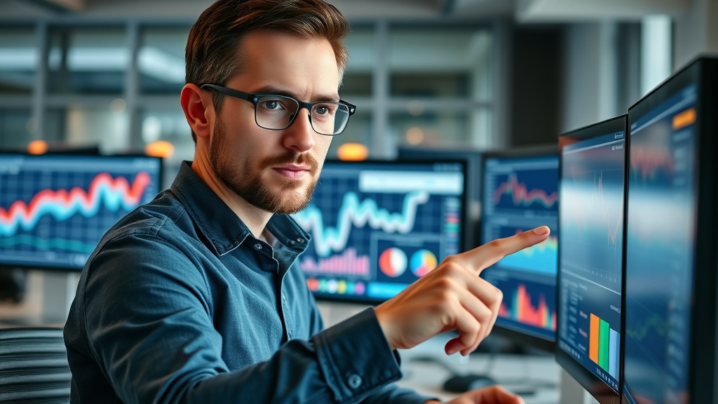 Digital marketer reviewing PPC campaigns dashboard and analyzing search ad performance in a modern workspace