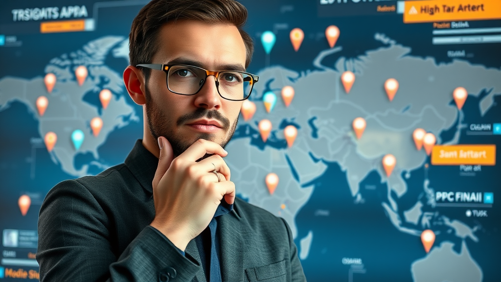 Digital marketer mapping geo-targeting strategies and optimizing PPC campaigns across devices with global digital network in background