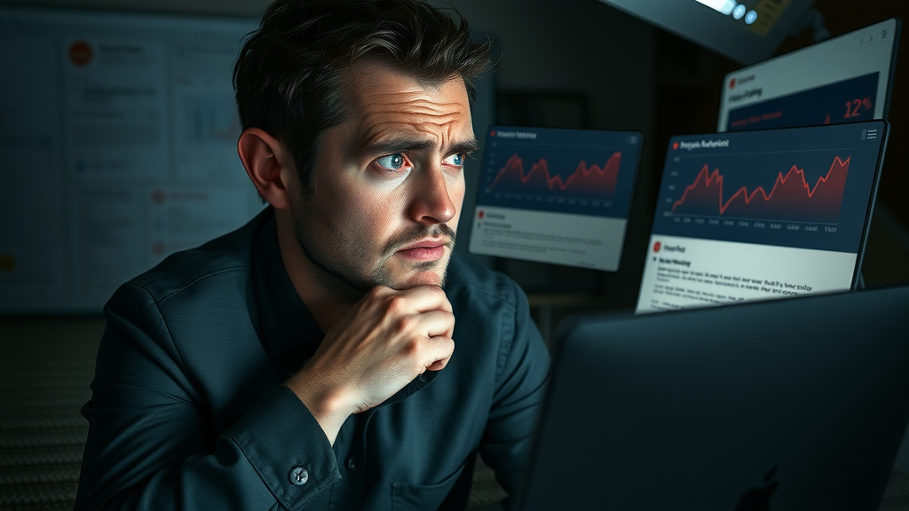 Frustrated marketer reviewing unsuccessful PPC campaigns analytics with warning errors in a dark office