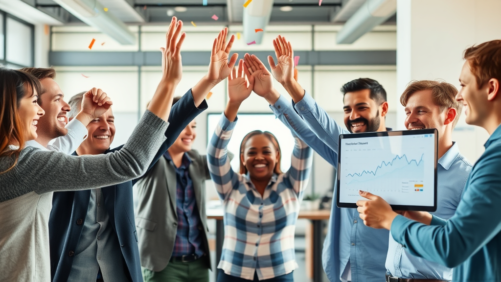 Marketing team celebrating dramatic PPC campaign turnaround success with campaign dashboards and uplifted results