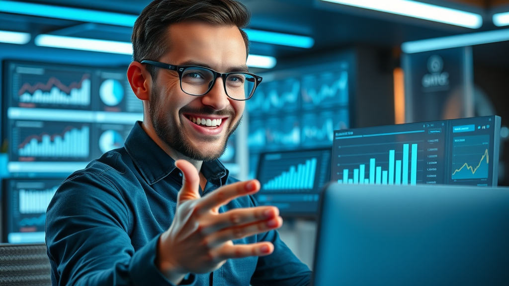 Marketer analyzing A/B test results to sustain long-term PPC campaign success using high-tech dashboard