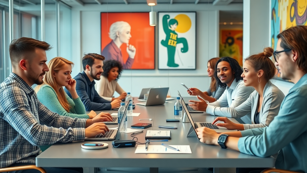 dynamic creative content team brainstorming digital content creation ideas in modern office