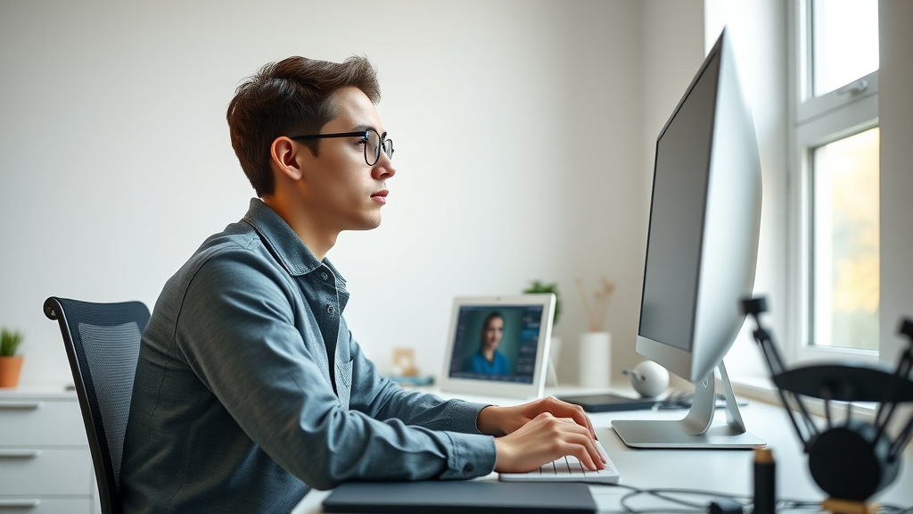 thoughtful young creator editing digital content in a modern workspace