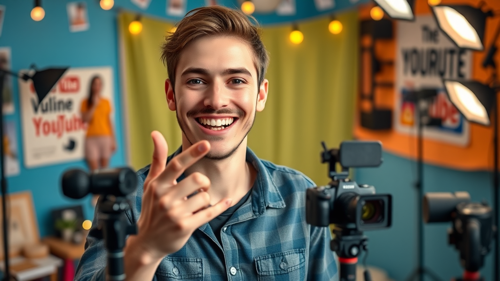 successful video content creator recording in a vibrant YouTube home studio