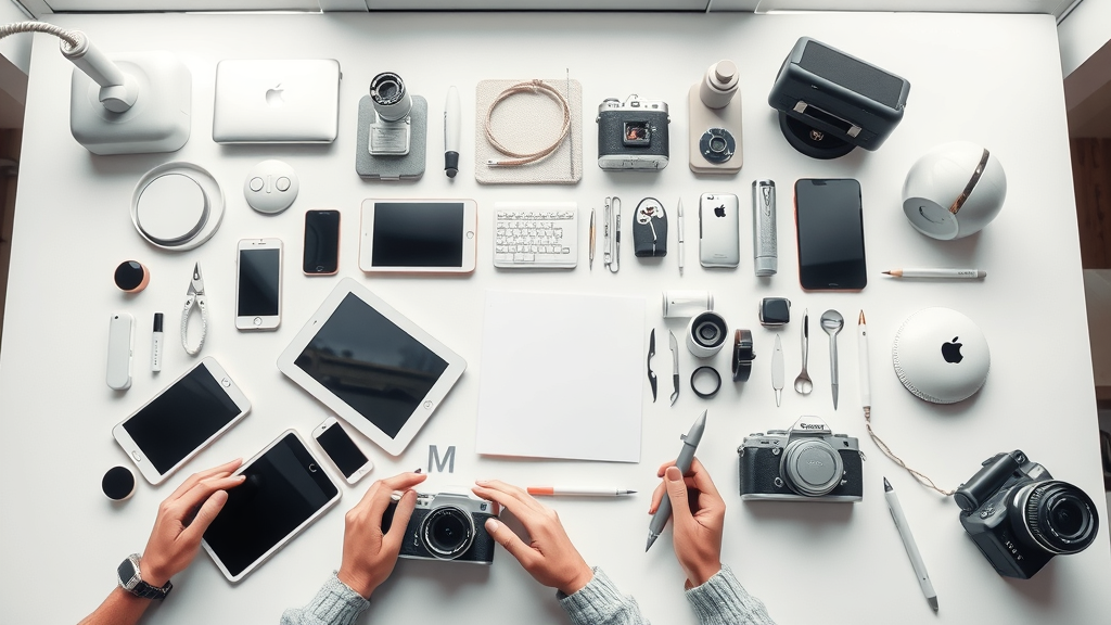 artful arrangement of digital tools for content creation including tablets, apps, and cameras