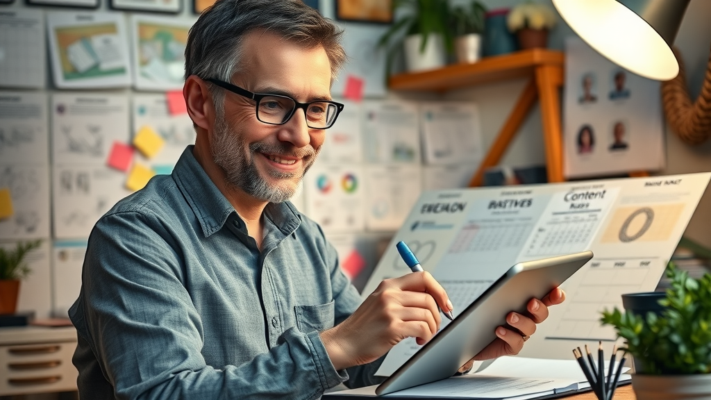 digital content planner writing ideas in a creative workspace for content calendar