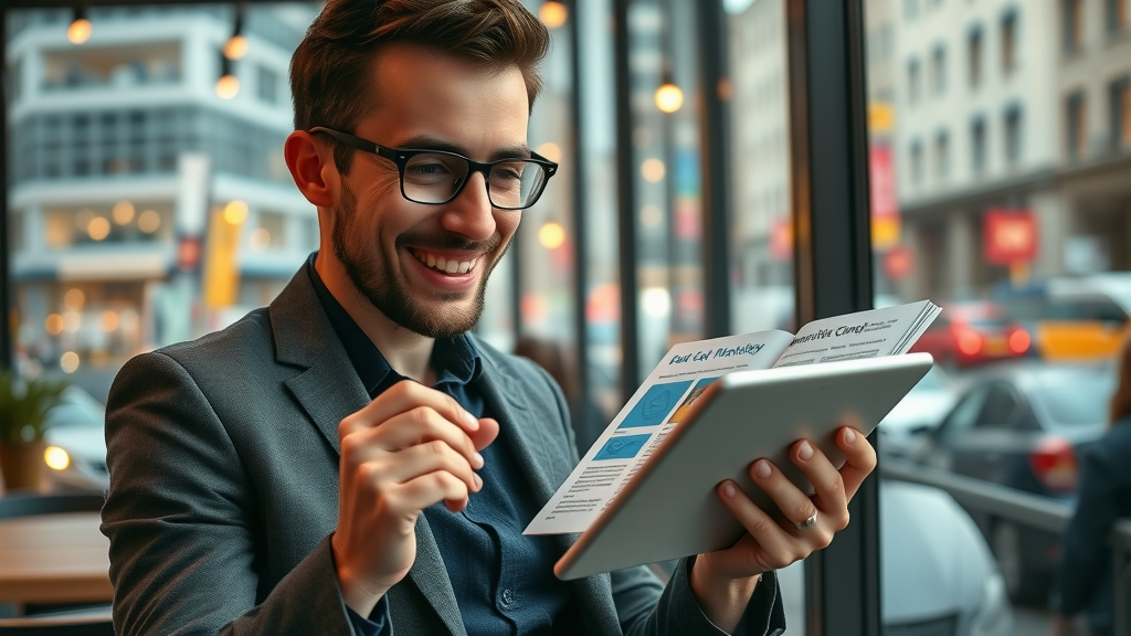 enthusiastic marketer exploring online guide on content marketing strategies at a stylish cafe