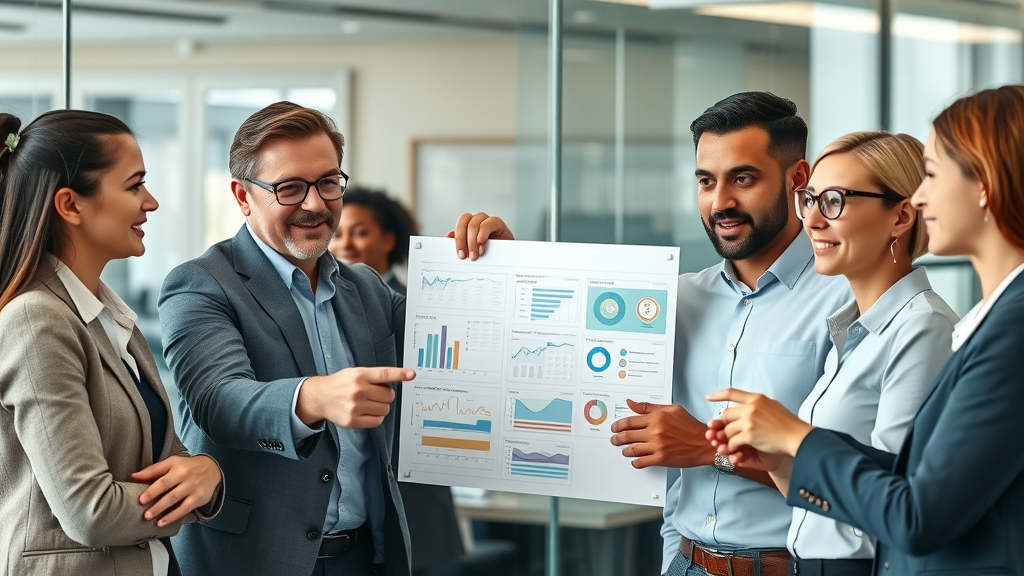 Dynamic business professionals collaborating on brand strategy in a contemporary office with glass walls and brainstorm charts, confident expressions, and team members pointing at branding materials, natural daylight