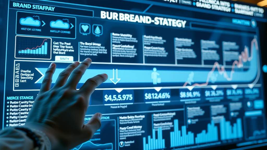 Structured roadmap diagram for brand strategy showing stepwise progression, futuristic digital dashboard with analytics overlays and glowing arrows, blue and silver tones
