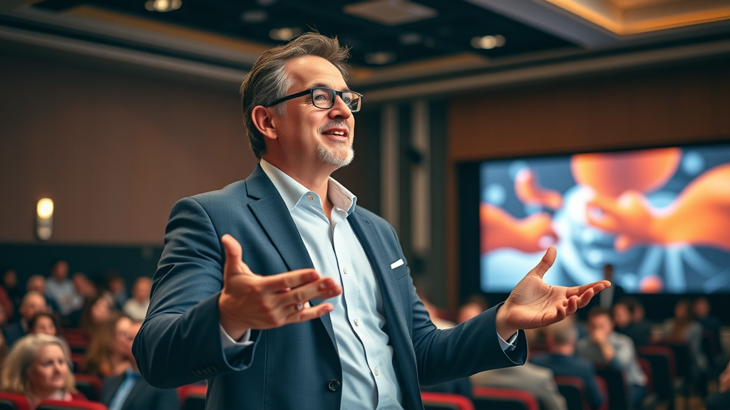 Inspirational entrepreneur presenting a brand vision through storytelling, auditorium background with an attentive audience, dramatic lighting and vibrant colors