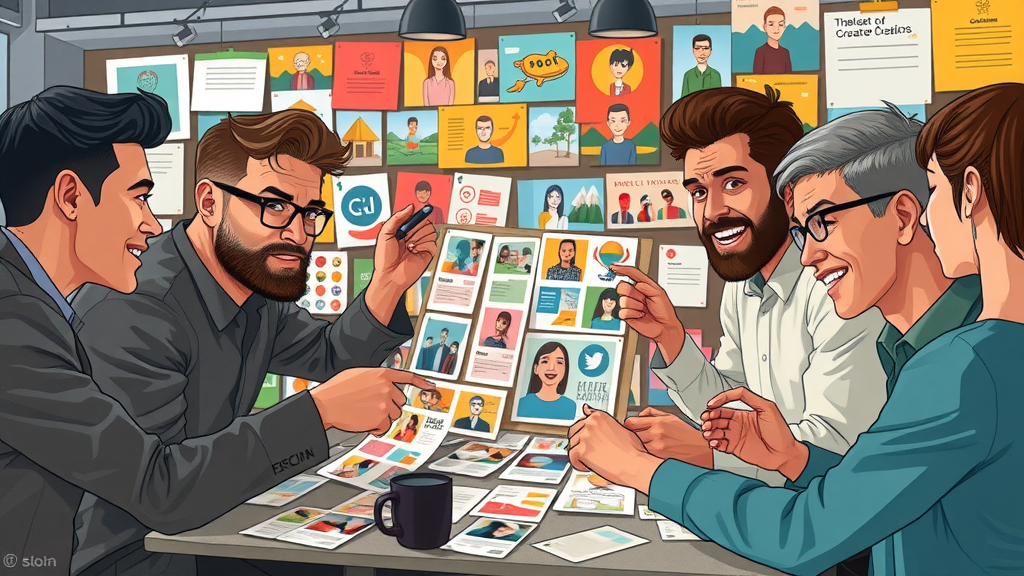 Creative team assembling mood boards, pinning ideas and images, colorful creative agency, mix of textures and emotions, bold accents