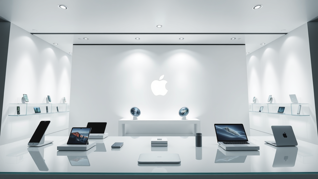Sleek showcase of Apple products in minimalist display, futuristic Apple Store background, clean lines and white-silver color palette