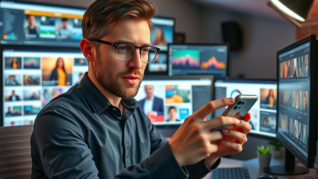 Social media manager curating cohesive brand visuals across platforms, dynamic workspace background, unified color scheme, multiple screens