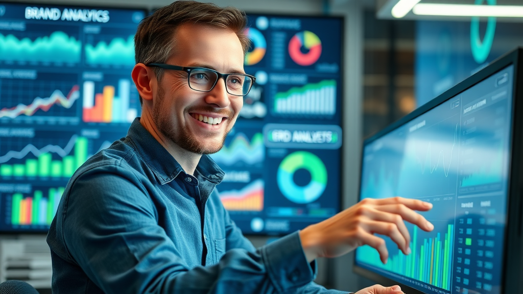 Marketer analyzing brand analytics dashboard, interacting with data charts, modern workspace, infographic elements, brand awareness KPIs