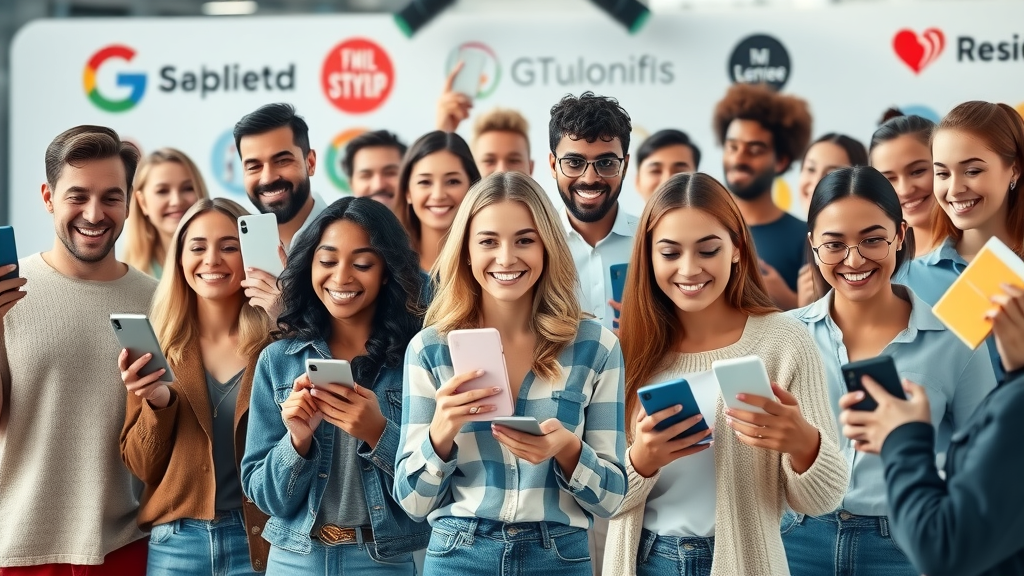 influencer marketing dynamic collage of diverse social media influencers holding products, engaging followers, brand awareness