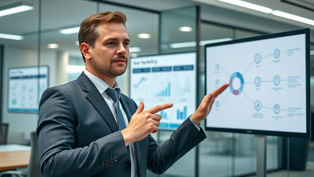 businessperson explaining influencer marketing campaign concepts, strategy and social media network analysis