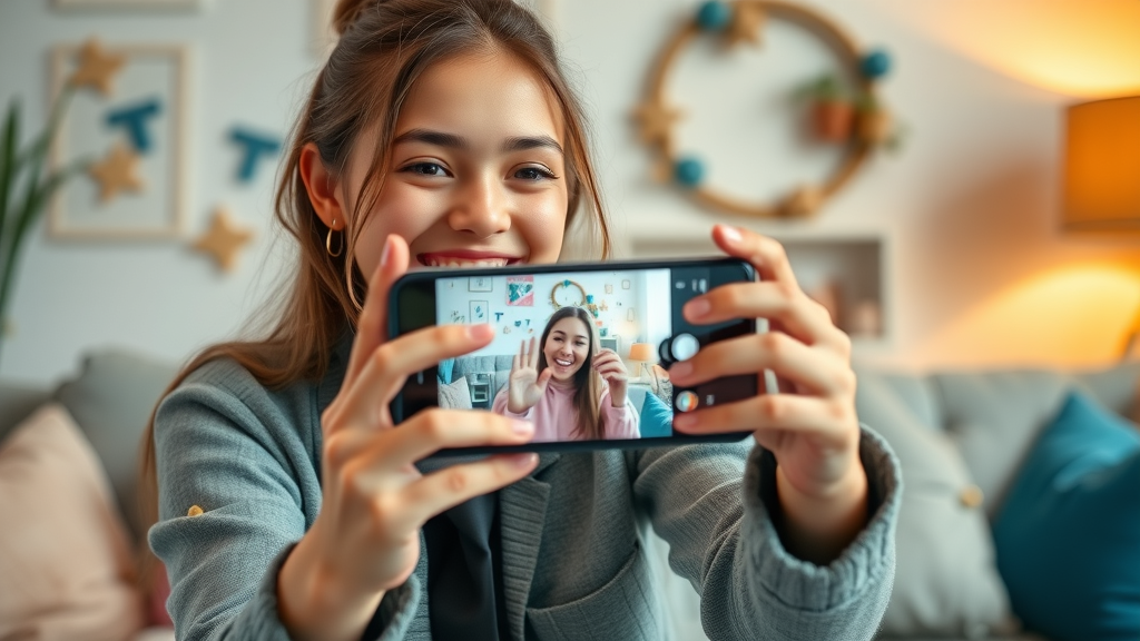 social media influencer content creation brand awareness joyful young influencer recording marketing campaign video