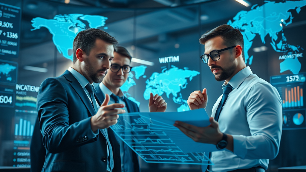 Global business executives collaborating on reputation marketing strategies using digital graphs and world map