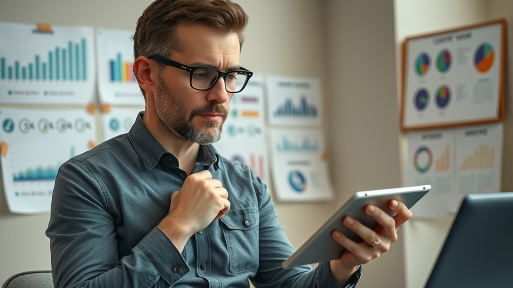 content marketing manager evaluating tool options and strategy boards