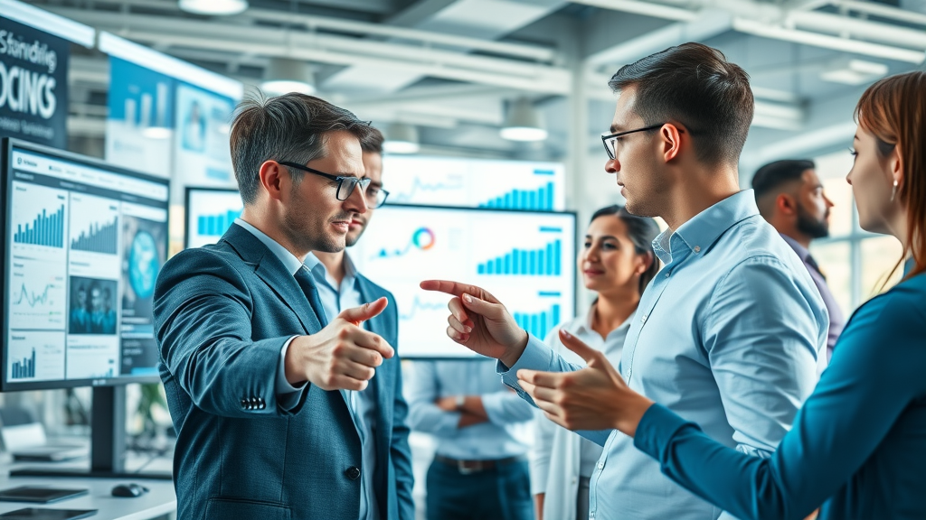 social media advertising campaigns, business professionals analyzing charts, discussing results, modern office, Facebook, Instagram, LinkedIn screens