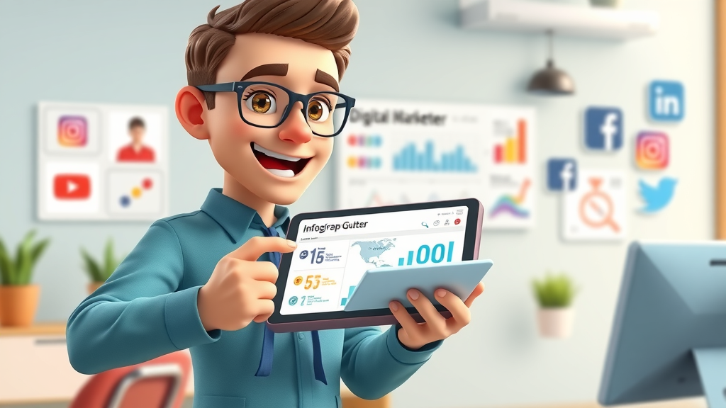 insightful infographic, digital marketer presenting social media advertising guide highlights, workspace, platform logos