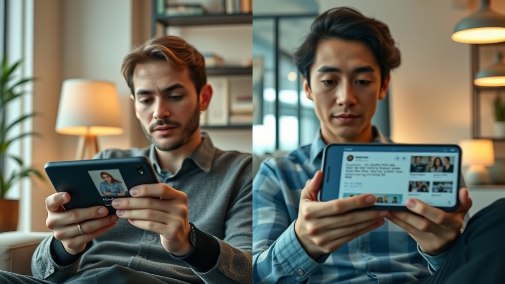 organic social posts vs sponsored media ads, devices displaying social media platforms, cozy and modern environments