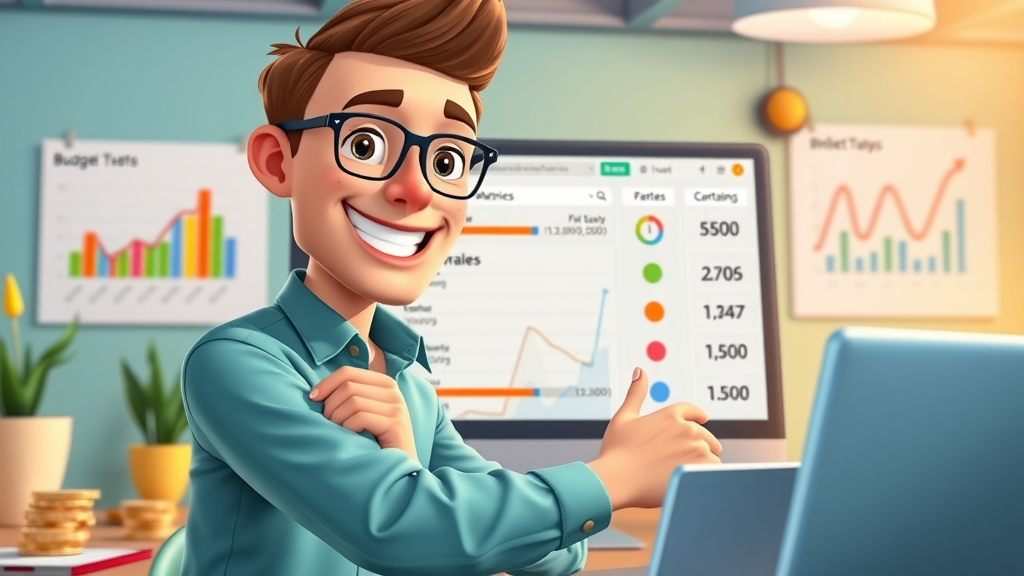 animated budget planner interface for social media advertising campaign, marketer setting up ad spend
