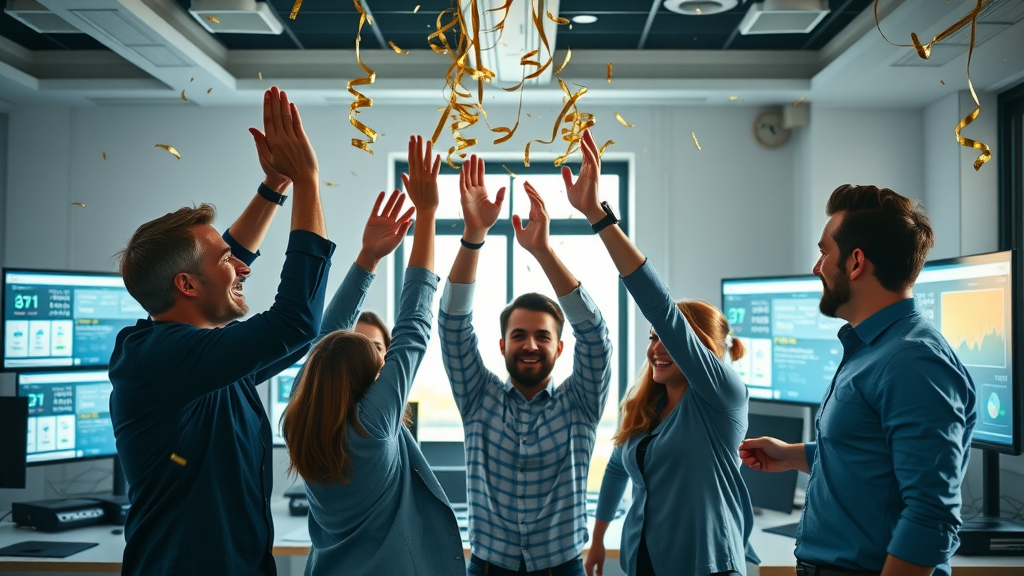 digital marketing team celebrating successful social media advertising campaign