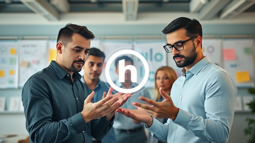 Marketing team analyzing a glowing brand logo for strategies, modern workspace, brand awareness planning 