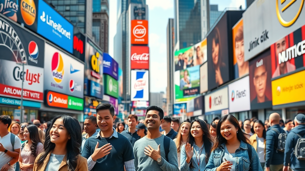 Vibrant display of worldwide iconic brands and people recognizing global brand symbols in a bustling city square
