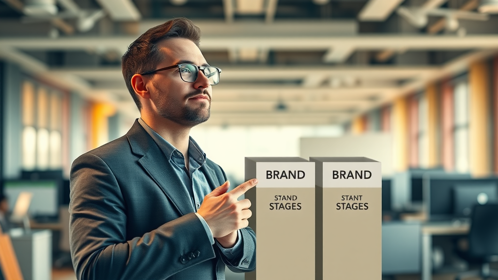 Sleek visual showing four escalating pillars for stages of brand awareness, with a focused individual confidently moving upward