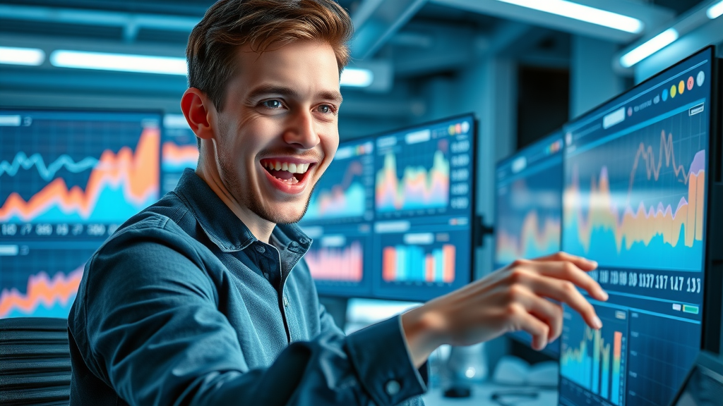 Young entrepreneur managing a viral social media campaign in a futuristic, high-tech workspace with rise graphs