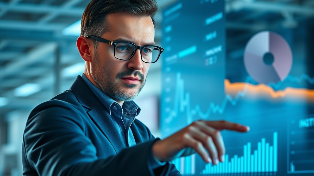 Focused analyst examining digital dashboard with brand metrics and data trends in a bright analytics office
