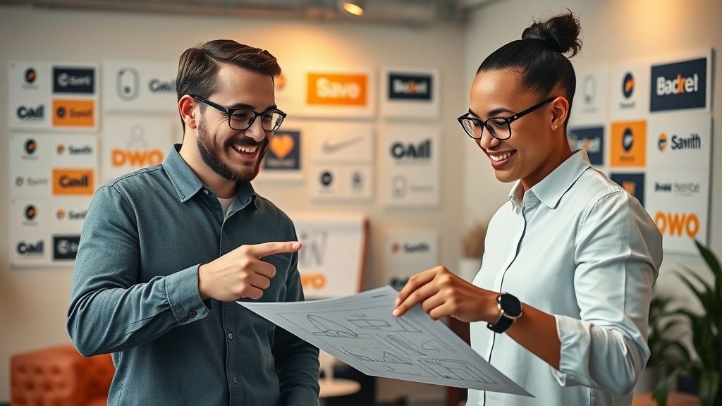 Design professionals collaborating on brand logo concepts in a creative agency, sketching ideas for strong brand identity