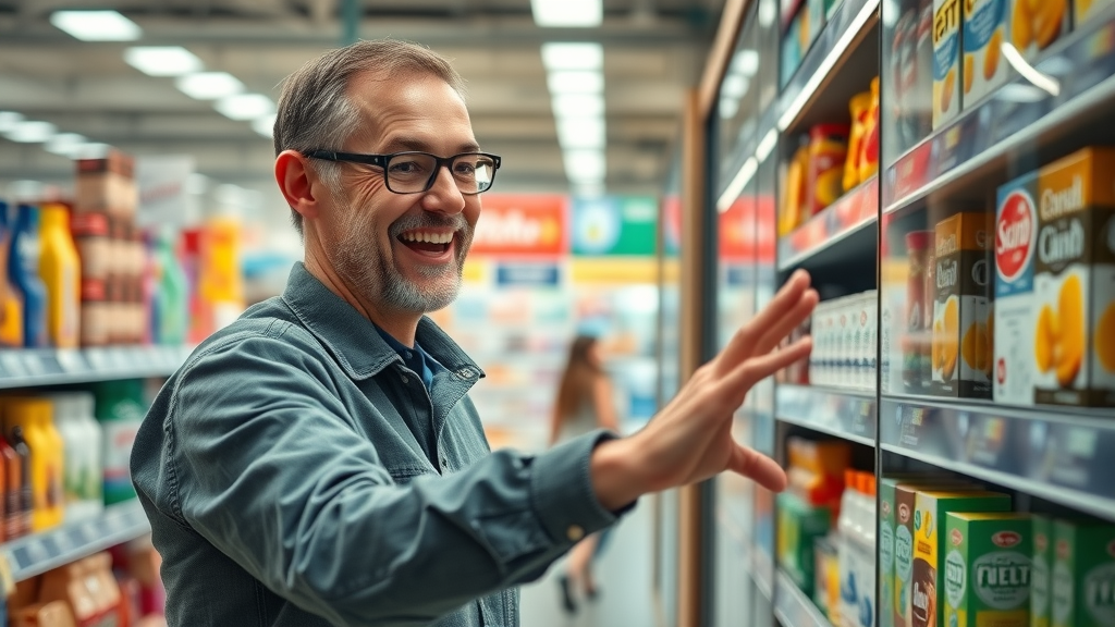 Customer recognizing a famous brand from the shelf, expressing delight in a well-lit retail aisle