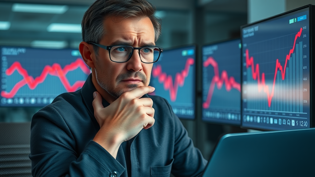 Frustrated marketer analyzing negative brand performance charts in a somber blue-lit office