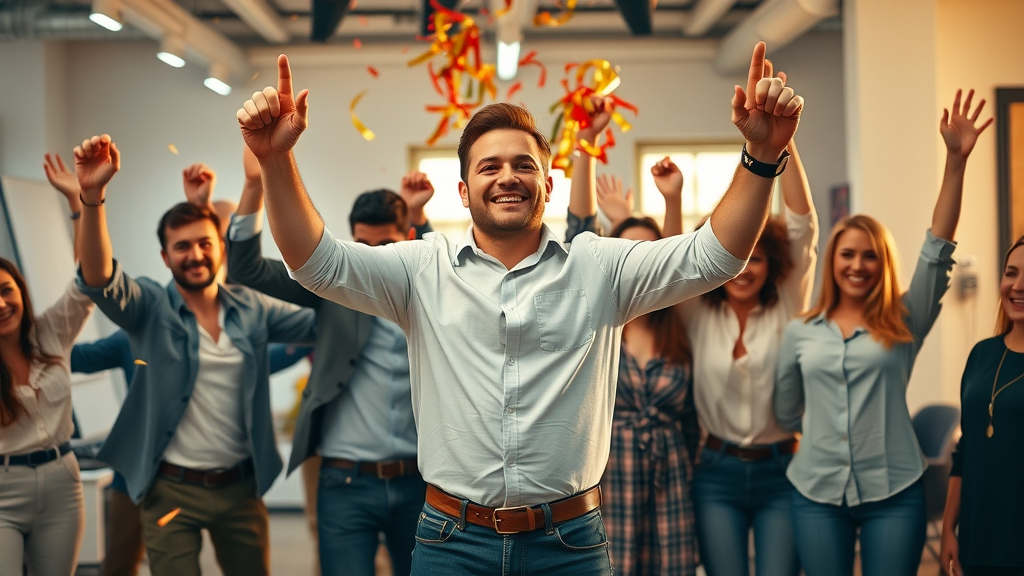 Successful business owner celebrating with marketing team, confetti in a bright startup office, brand boards in background