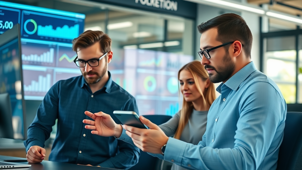 Marketing team analyzing content marketing trends and metrics in modern office environment, focused on breakthrough 2024 strategies