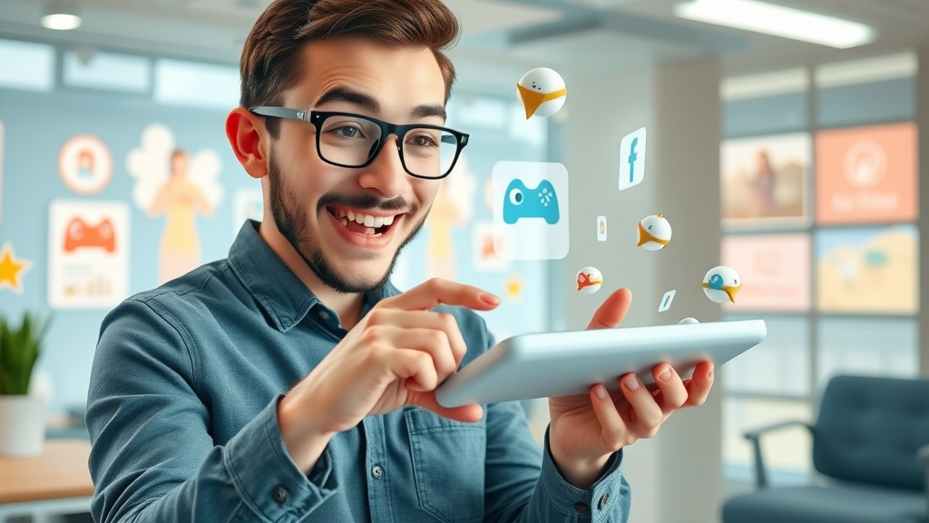 User engaging with interactive content marketing trends on touchscreen device in digital workspace