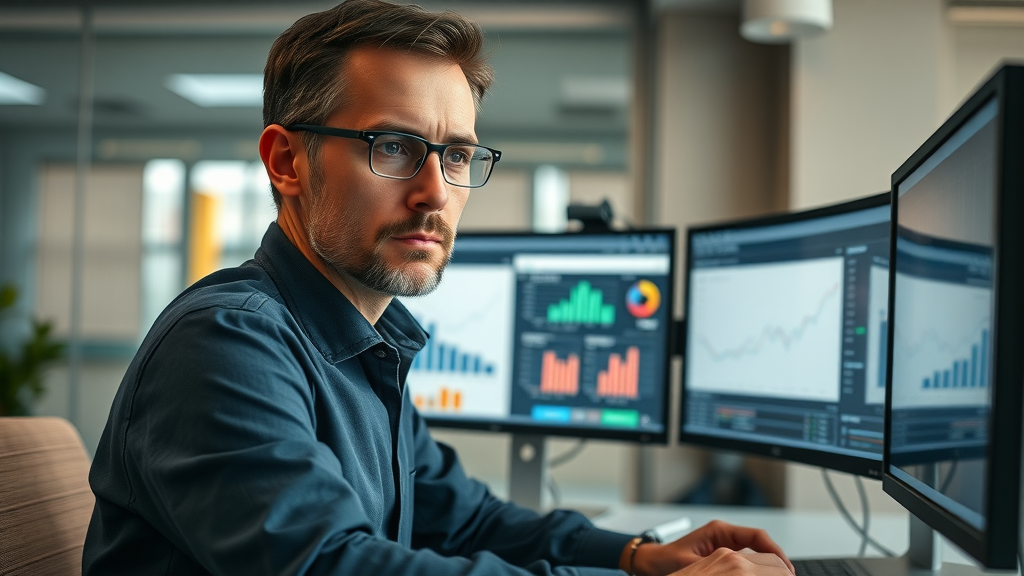 Marketing analyst reviewing metrics dashboards to measure content marketing trends effectiveness in 2024