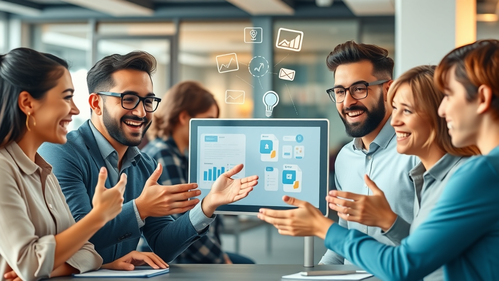 marketers brainstorming digital marketing campaign ideas on digital screens
