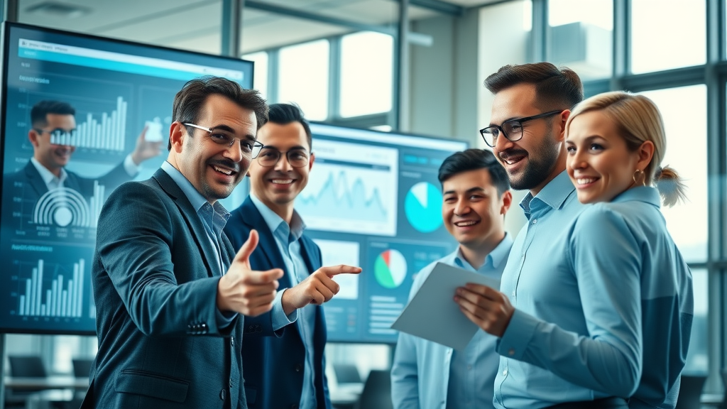 Dynamic business professionals analyzing social media reputation analytics in a modern office with confident expressions and real-time data on display