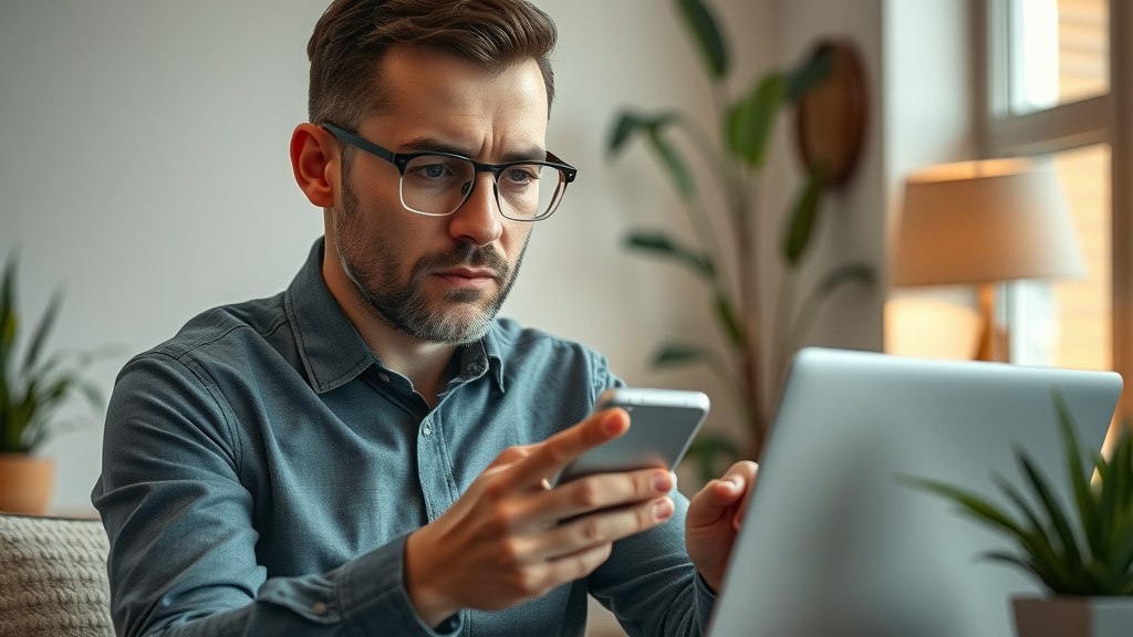 Serious marketing manager monitoring social media reputation online via laptop in a cozy, modern workspace